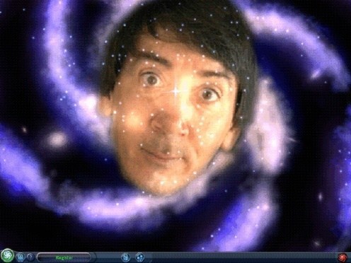 Cabeça de Will Wright flutuando no centro de uma galáxia