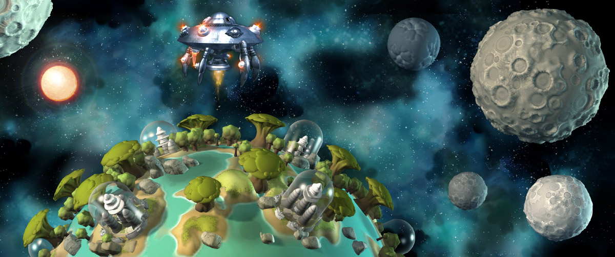 Cena espacial mostrando planeta colonizado com cúpulas habitáveis, oceanos turquesa e vegetação, cercado por luas crateras e nave espacial metálica no cosmos estrelado