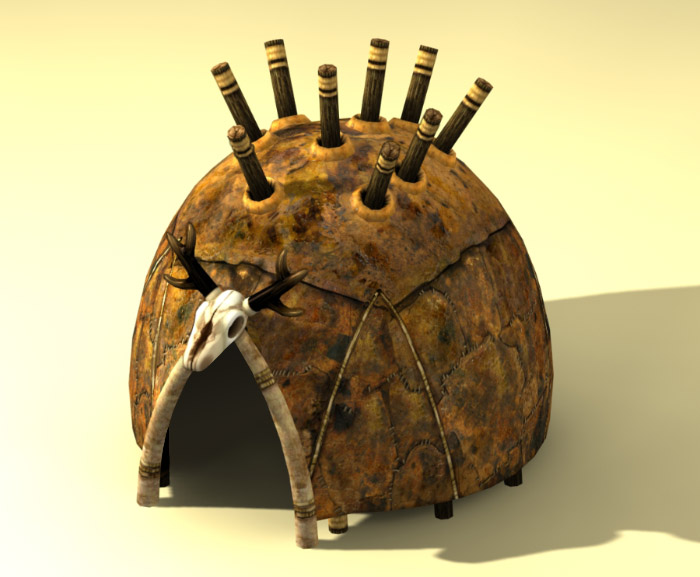 Estrutura tribal com telhado de palha em forma de cúpula, pilares de madeira decorados e entrada arqueada, ambientada em cenário desértico com iluminação quente