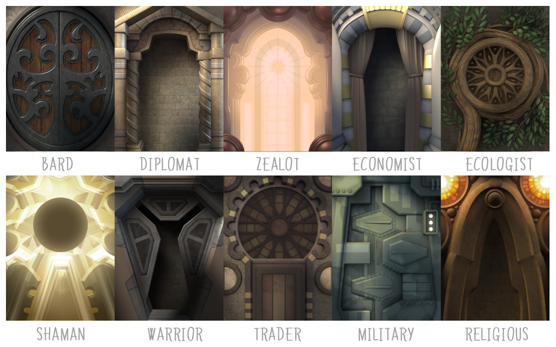Dez designs de portas e entradas arquitetônicas representando diferentes arquétipos de civilização: Bardo, Diplomata, Zealot, Economista, Ecologista, Xamã, Guerreiro, Comerciante, Militar e Religioso