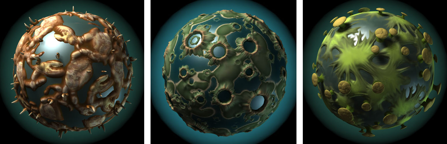 Três planetas orgânicos com diferentes texturas: um com tentáculos e espinhos marrons, outro com padrões circulares verdes e azuis, e um terceiro com bolhas amarelas e verdes