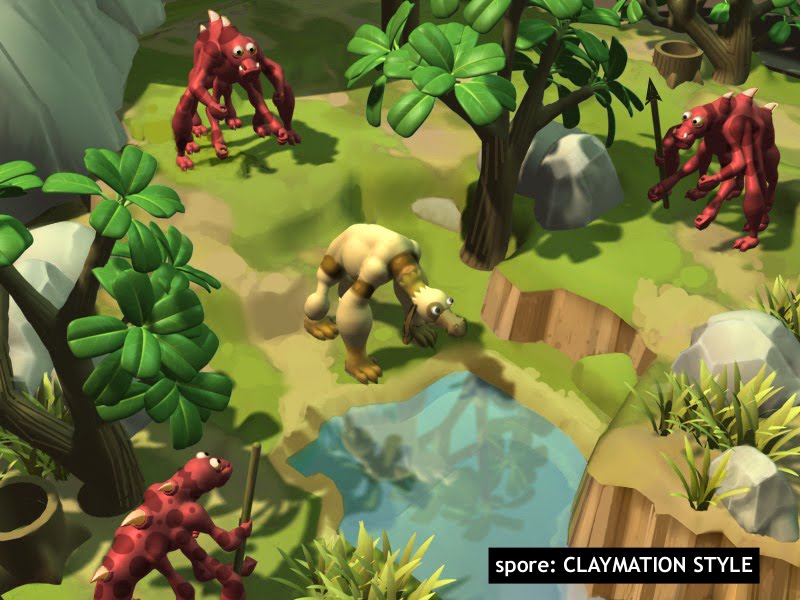 Cena de jogabilidade estilo claymation mostrando criatura urso amarela confrontando criaturas vermelhas próximo a um lago em ambiente com vegetação exuberante